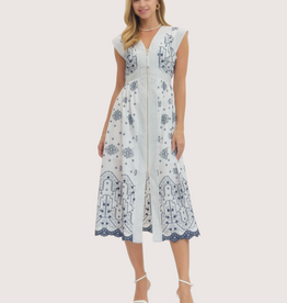 ENTRO Embroidered Cap Sleeve Midi Dress with Pockets Off White