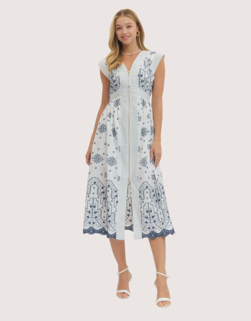 ENTRO Embroidered Cap Sleeve Midi Dress with Pockets Off White