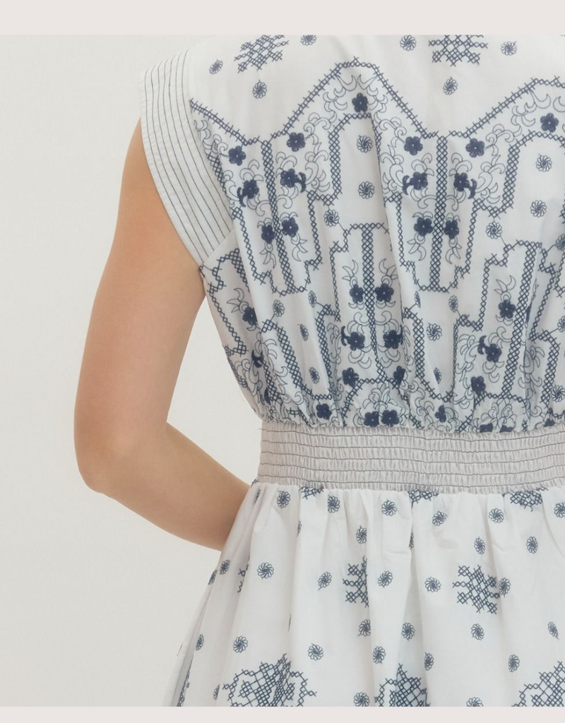 ENTRO Embroidered Cap Sleeve Midi Dress with Pockets Off White