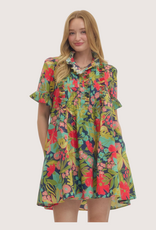 ENTRO Floral Printed Short Sleeve Mini Dress With Ruffle Front