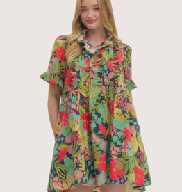 ENTRO Floral Printed Short Sleeve Mini Dress With Ruffle Front