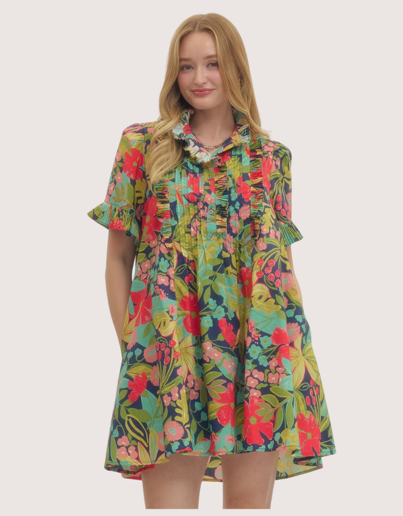 ENTRO Floral Printed Short Sleeve Mini Dress With Ruffle Front