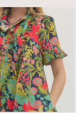 ENTRO Floral Printed Short Sleeve Mini Dress With Ruffle Front