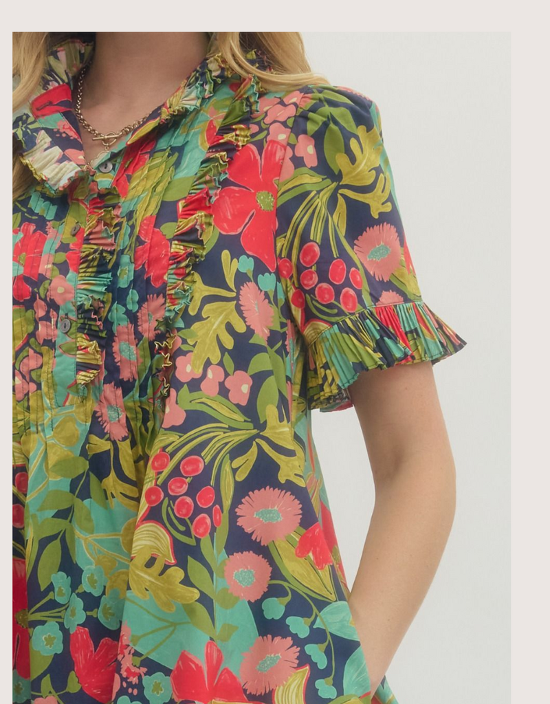 ENTRO Floral Printed Short Sleeve Mini Dress With Ruffle Front