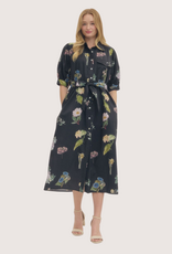 ENTRO Floral Print Midi Dress with Button Closure Black