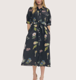 ENTRO Floral Print Midi Dress with Button Closure Black