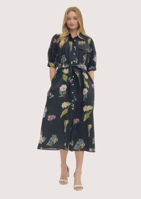 ENTRO Floral Print Midi Dress with Button Closure Black