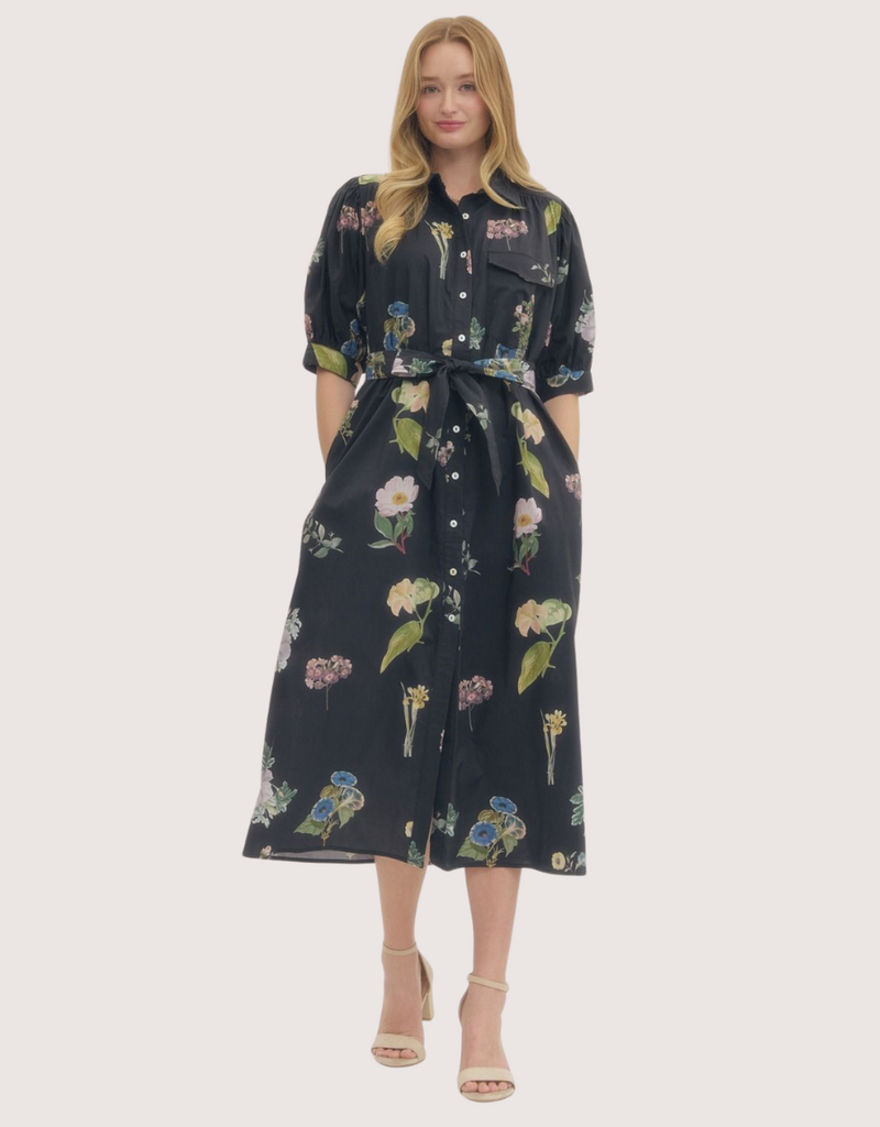 ENTRO Floral Print Midi Dress with Button Closure Black