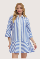 ENTRO Striped Collared 3/4 Sleeve Mini Dress Sky Blue