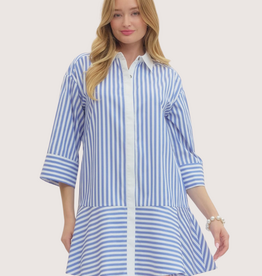 ENTRO Striped Collared 3/4 Sleeve Mini Dress Sky Blue
