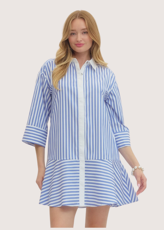 ENTRO Striped Collared 3/4 Sleeve Mini Dress Sky Blue