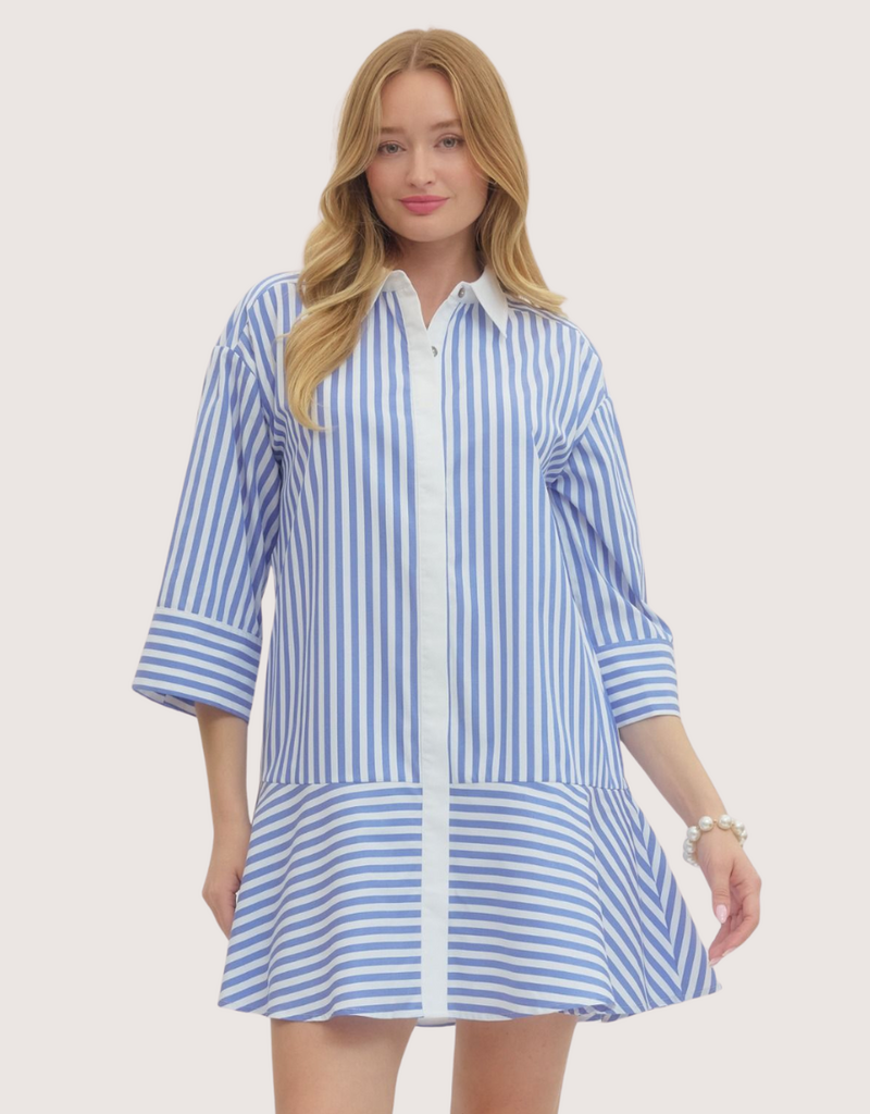 ENTRO Striped Collared 3/4 Sleeve Mini Dress Sky Blue