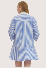ENTRO Striped Collared 3/4 Sleeve Mini Dress Sky Blue