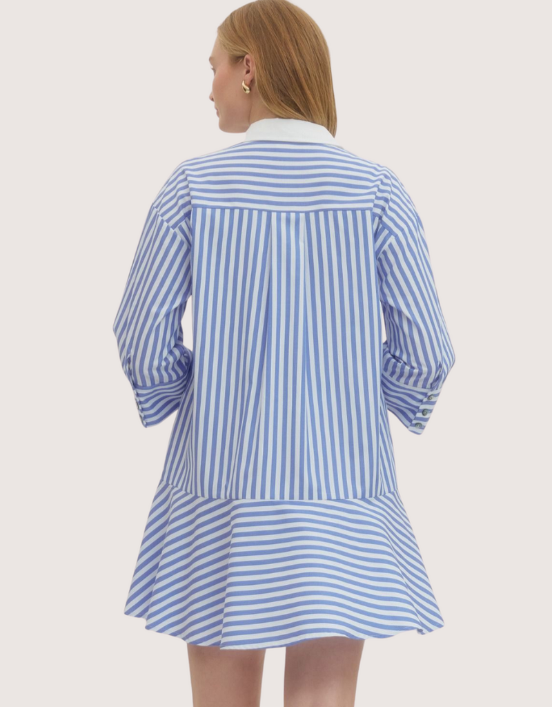 ENTRO Striped Collared 3/4 Sleeve Mini Dress Sky Blue