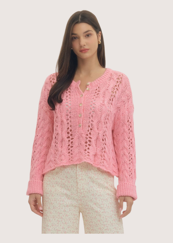 ENTRO Open Knit Long Sleeve Top Pink