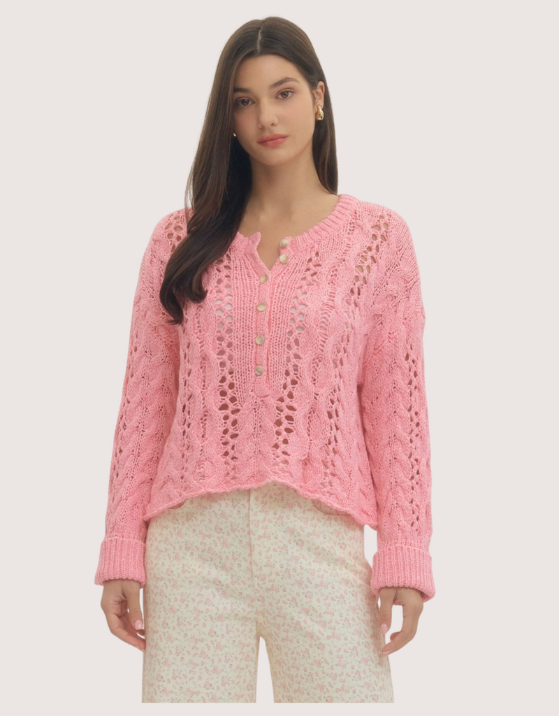 ENTRO Open Knit Long Sleeve Top Pink