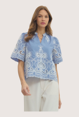 ENTRO Embroidered Split Neck Blue Lace Short Sleeve Top