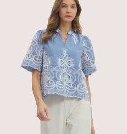 ENTRO Embroidered Split Neck Blue Lace Short Sleeve Top