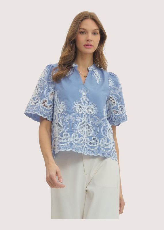 ENTRO Embroidered Split Neck Blue Lace Short Sleeve Top
