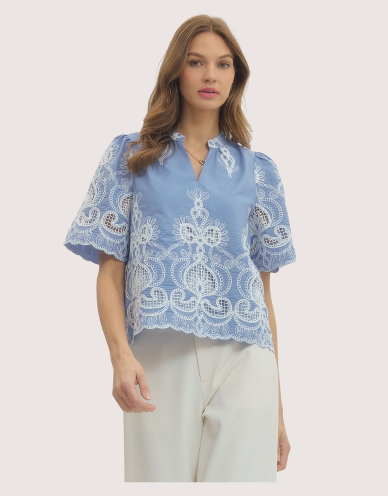 ENTRO Embroidered Split Neck Blue Lace Short Sleeve Top