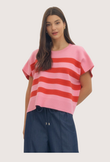 ENTRO Pink  Short Sleeve Striped Knit Top with Ribbed Neckline