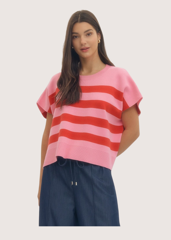 ENTRO Pink  Short Sleeve Striped Knit Top with Ribbed Neckline