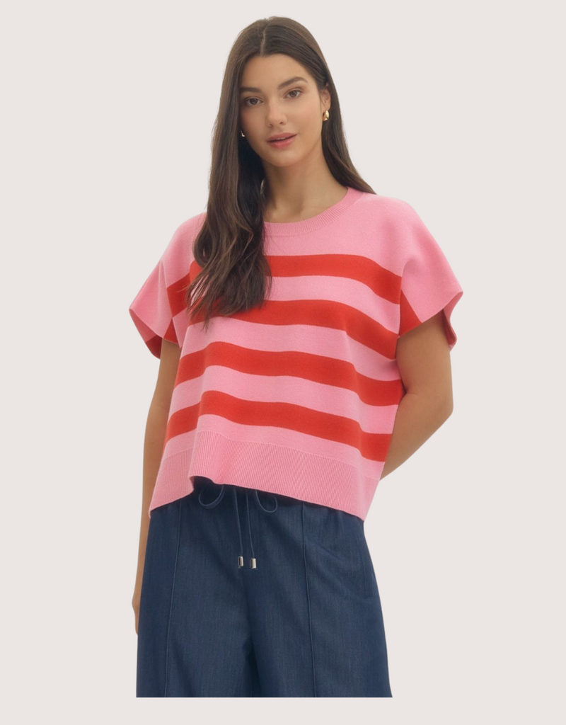 ENTRO Pink  Short Sleeve Striped Knit Top with Ribbed Neckline