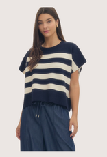 ENTRO Navy Short Sleeve Striped Knit Top with Ribbed Neckline