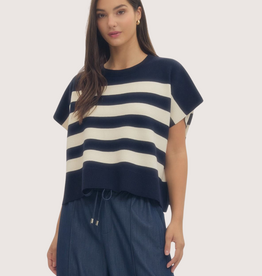 ENTRO Navy Short Sleeve Striped Knit Top with Ribbed Neckline