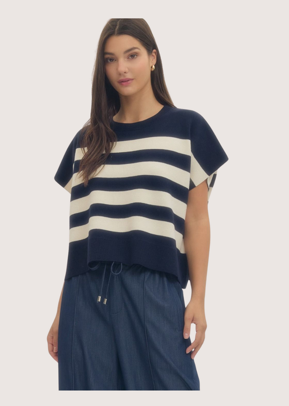 ENTRO Navy Short Sleeve Striped Knit Top with Ribbed Neckline