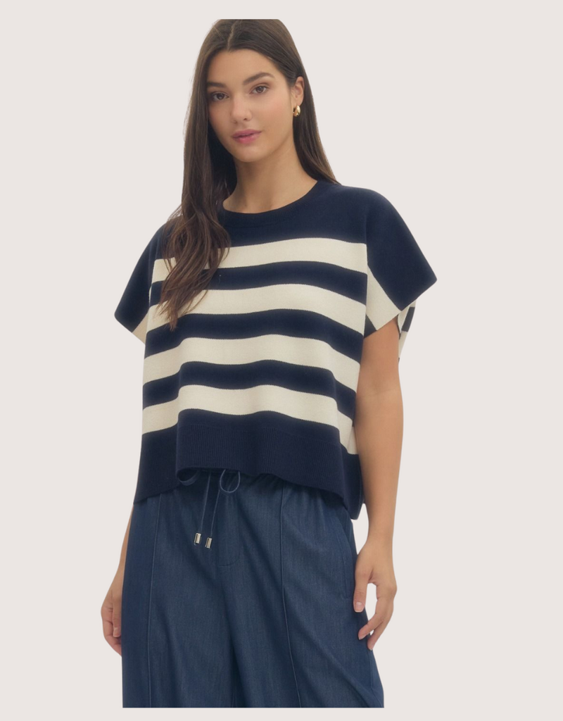 ENTRO Navy Short Sleeve Striped Knit Top with Ribbed Neckline
