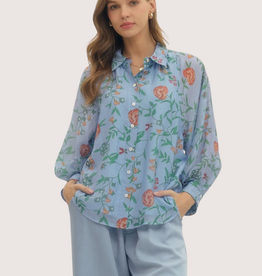 ENTRO Blue Floral Print Sheer Sleeve Blouse