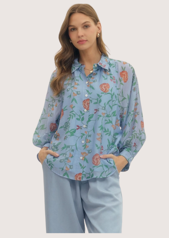 ENTRO Blue Floral Print Sheer Sleeve Blouse