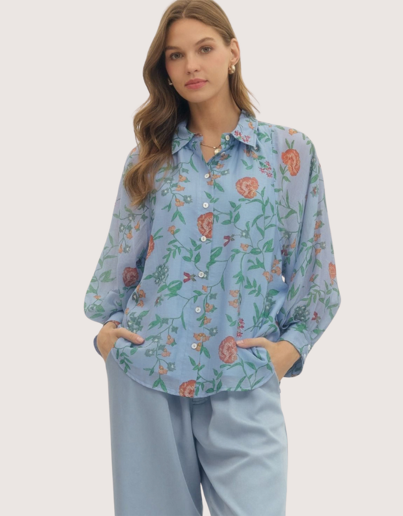ENTRO Blue Floral Print Sheer Sleeve Blouse