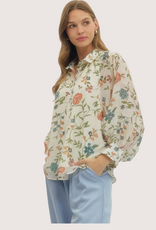 ENTRO Ecru Floral Print Sheer Sleeve Blouse