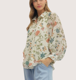 ENTRO Ecru Floral Print Sheer Sleeve Blouse