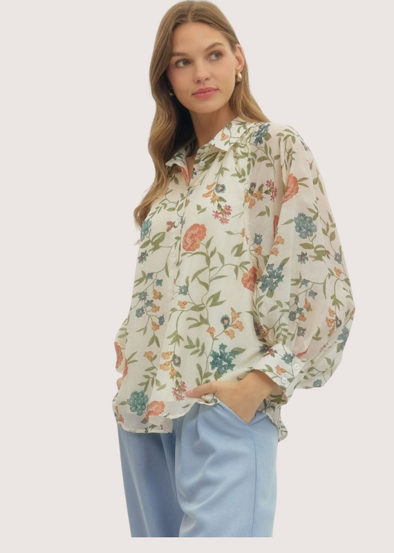 ENTRO Ecru Floral Print Sheer Sleeve Blouse