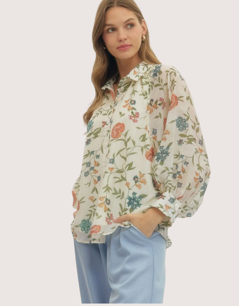 ENTRO Ecru Floral Print Sheer Sleeve Blouse