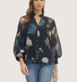 ENTRO Black Floral Long Sleeve Puff Blouse
