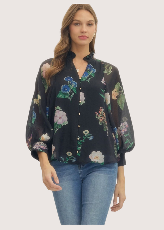 ENTRO Black Floral Long Sleeve Puff Blouse