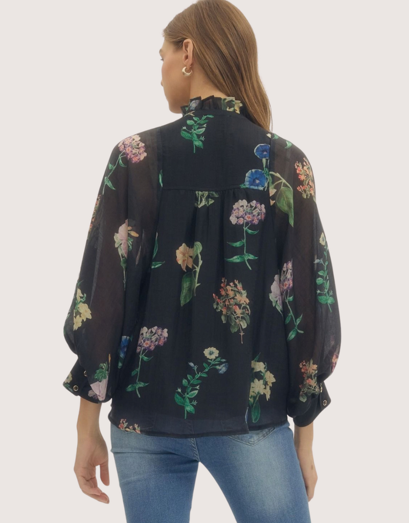ENTRO Black Floral Long Sleeve Puff Blouse