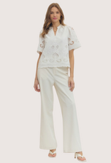 ENTRO Embroidered Split Neck Off White Lace Short Sleeve Top