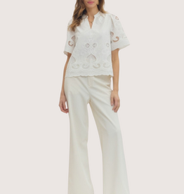 ENTRO Embroidered Split Neck Off White Lace Short Sleeve Top