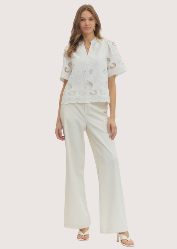 ENTRO Embroidered Split Neck Off White Lace Short Sleeve Top