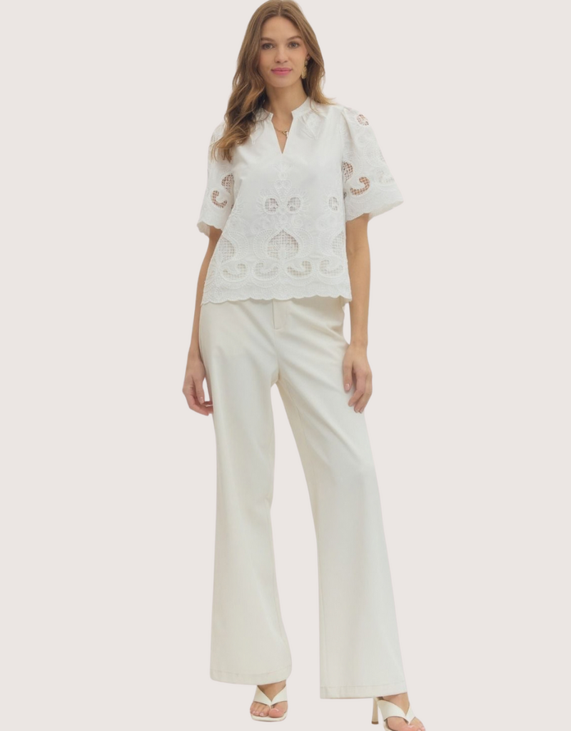 ENTRO Embroidered Split Neck Off White Lace Short Sleeve Top