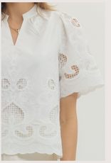 ENTRO Embroidered Split Neck Off White Lace Short Sleeve Top