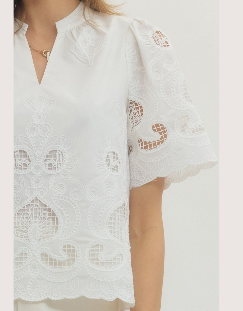 ENTRO Embroidered Split Neck Off White Lace Short Sleeve Top