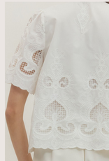 ENTRO Embroidered Split Neck Off White Lace Short Sleeve Top