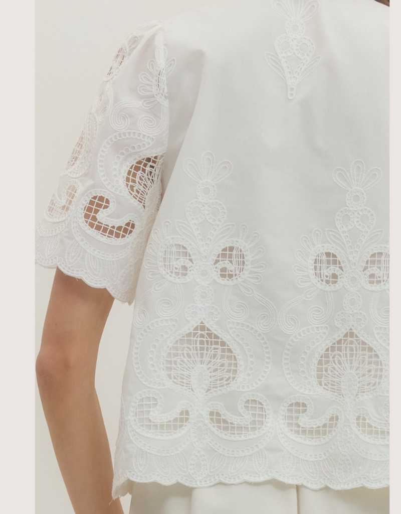 ENTRO Embroidered Split Neck Off White Lace Short Sleeve Top