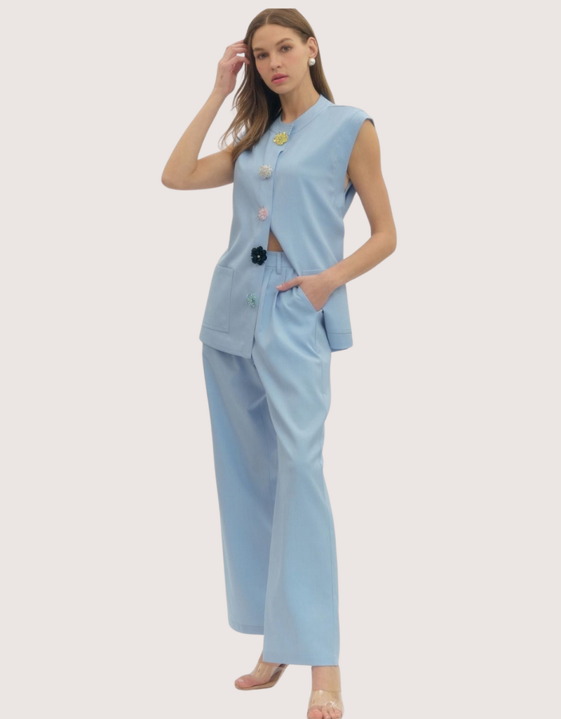 ENTRO Light Blue Sleeveless Jacket and Straight Pant Set